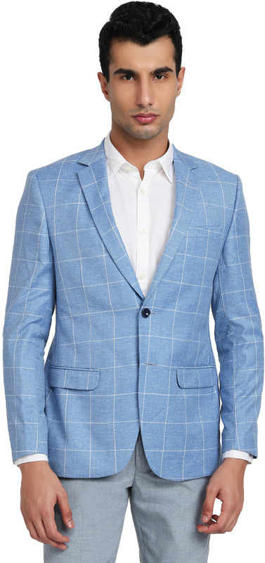 Park Avenue Checkered Mandarin Formal Men Blazer(Light Blue)
