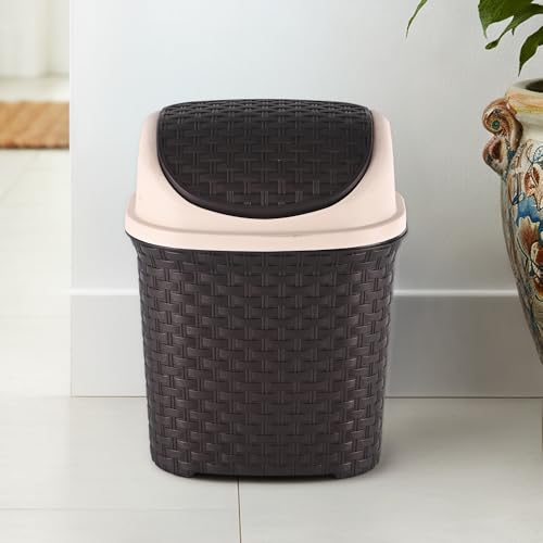 Kuber Industries Durable 7 Liters Plastic Swing Lid Dustbin For Home Bathroom & Kitchen | Multi-Purpose Garbage Bin | Dustbin For Office Small Spaces & Hygienic Use | Check – Brown