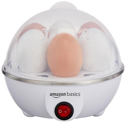 Amazon Basics Electric Egg Boiler | 350 Watt | Boils Upto 7 Eggs | Automatic Operation, 3 Boiling Modes | Overheat Protection | Stainless Steel Heating Plate, Measuring Cup | 75Ml | Plastic | White