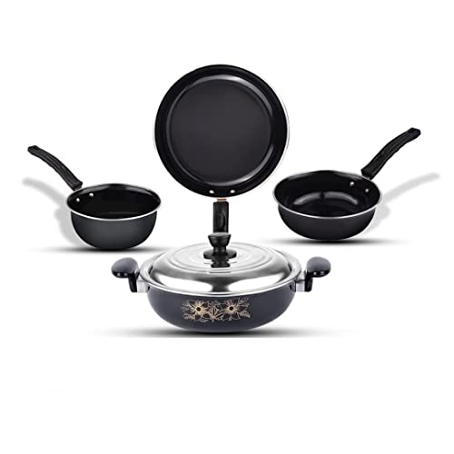 Atevon Nonstick Cookware Gift Set, Includes Kadai Lid, Big Tadka, Small Tadka, Frypan, Kitchen Tool Set, 5 Pieces Kitchen Set(Black)