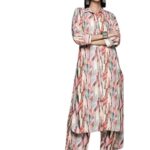 Varanga Women Multi Colour Shirt Collar Side Slit Tunic Paired With Tonal Bottom