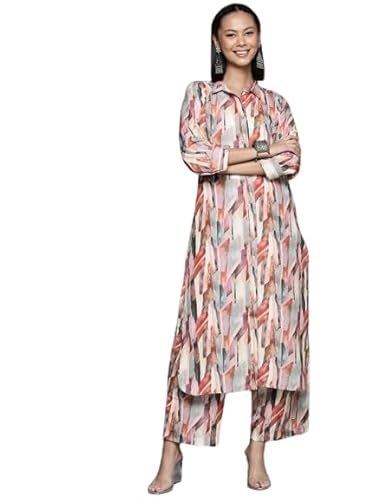 Varanga Women Multi Colour Shirt Collar Side Slit Tunic Paired With Tonal Bottom