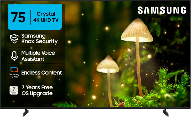 Samsung Crystal 4K 189 Cm (75 Inch) Ultra Hd (4K) Led Smart Tizen Tv 2025 Edition With 4K Upscaling | Hdr 10+ | Solarcell Powered Voice Assistance Remote Control | Metalstream Design | Purcolor | Slim Look | Samsung Knox Security | 100+ Free Channels | Universal Gestures(Ua75Ue85Afulxl)