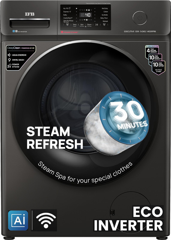 Ifb 9 Kg 5 Star With Steam Refresh Program, 9 Swirl Wash, Eco Inverter, Touch Panel With Ai Fully Automatic Front Load Washing Machine With In-Built Heater Black(Executive Oxn 9014 Cms)