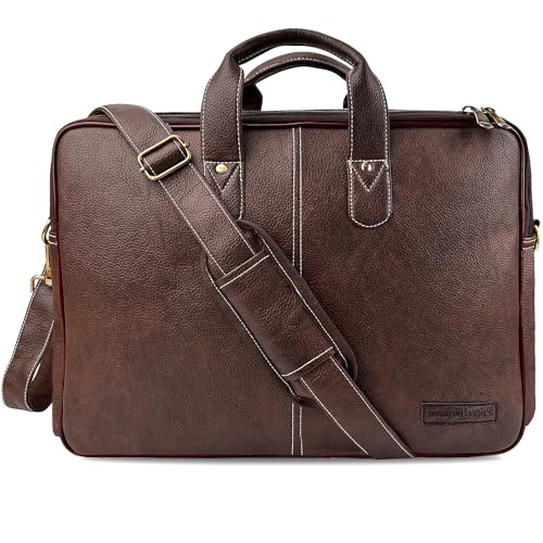 Amazon Basics Men’S Synthetic Leather Office Laptop Bag | Fits Up To 14/15.6/16 Inch Laptop/Macbook | Adjustable Handle | Shoulder Strap | (Tan)