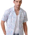Locomotive Men’S Relaxed Fit Shirts | Printed | Half Sleeves | Cuban Collar | Casual Shirts | Men Shirts Light Blue