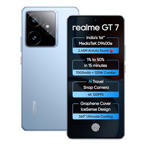 Realme Gt 7 (Icesense Blue,8Gb+256Gb) | India’S 1St Mediatek Dimensity 9400E Chipset | Strongest Battery Combo 7000Mah + 120W | Ai 4K 120Fps Travel Camera | 360° Cooling Icesense Design With Graphene
