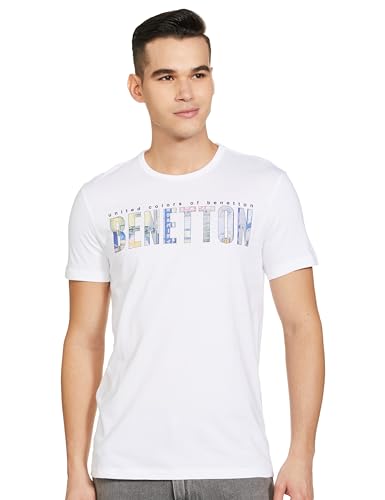United Colors Of Benetton Mens T-Shirt Photo Print Benetton Tee Whitecolor Round Neck Short Sleeve