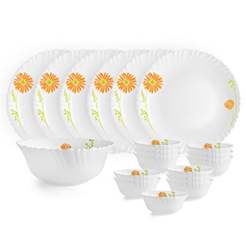 Cello Opalware Dazzle Livid Lilac Floral Dinner Set, 19Pcs, White