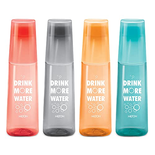 Milton Kip Sip, Pack Of 4 Water Bottles With Drinking Glass Lid, 1 Litre Each, Reusable Plastic Fridge Bottle Set, Bpa Free And Leak Proof Bottles For Travel, Work, Assorted
