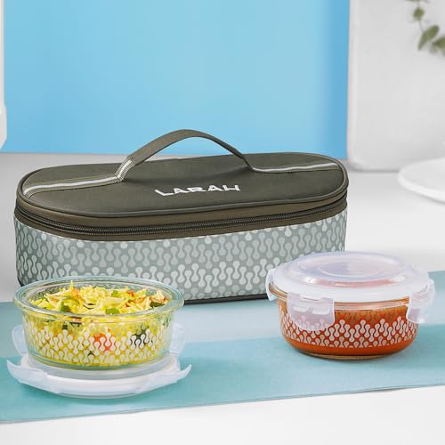 Larah Glassware Gracia Borosilicate Glass Lunchbox With Bag | 2Pc Round Container (400 Ml Each), Horizontal | Microwave & Dishwasher Safe, Leakproof | Tiffin For Office, School, College | Green