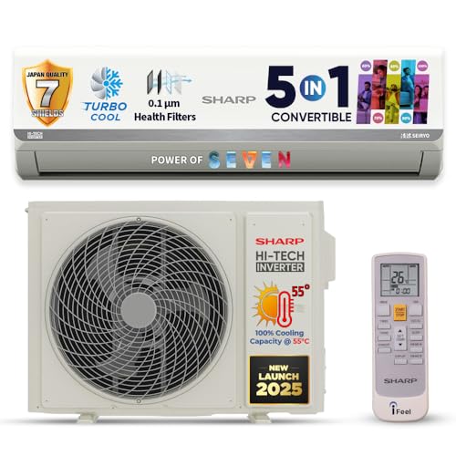 Sharp 1 Ton 3 Star 5-In-1 Convertible, Turbo Cool Technology, Anti-Corrosive Gold Fin Coating, Inverter Split Ac, Ah-Si12V3B-Gc