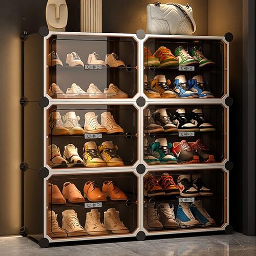 Zemic Plastic Shoe Rack For Home | 𝟏𝟐 𝐒𝐡𝐞𝐥𝐟 Diy Shoe Rack With Door 𝐌𝐚𝐠𝐧𝐞𝐭𝐬 For Home Storage Plastic Box Organizer, Metal Door Frame, Chappal Slipper Sandals Stand【Grey, 12-Shelf-6-Door】