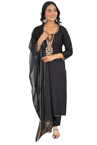 Alvami Women’S Silk Embroidery Straight Kurta And Pant Set With Dupatta (Anvika_Suit_Al_S)