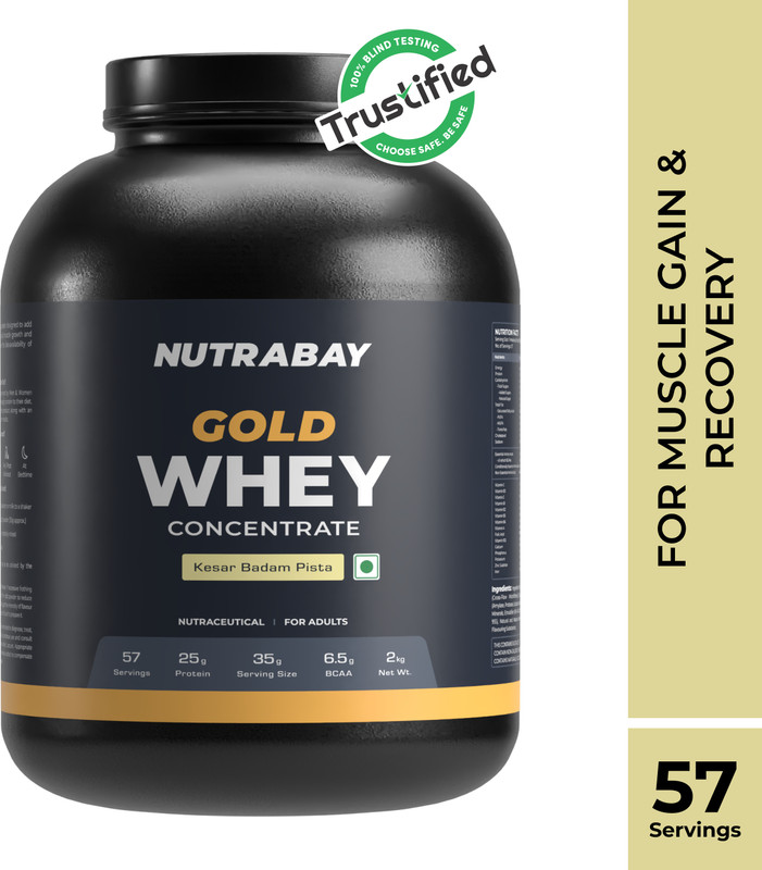 Nutrabay Gold 100% Whey Protein Concentrate With Digestive Enzymes & Vitamin Minerals Whey Protein(2 Kg, Kesar Badam Pista)