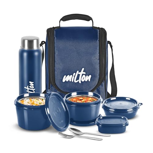 Milton Pro Lunch Box, 3 Microwave Safe Inner Steel Containers (180 Ml, 320 Ml, 450 Ml), Plastic Chutney Dabba (100 Ml), Steel Bottle (750 Ml) With Durable Lunch Bag, Leak-Proof Tiffin For Office, Blue