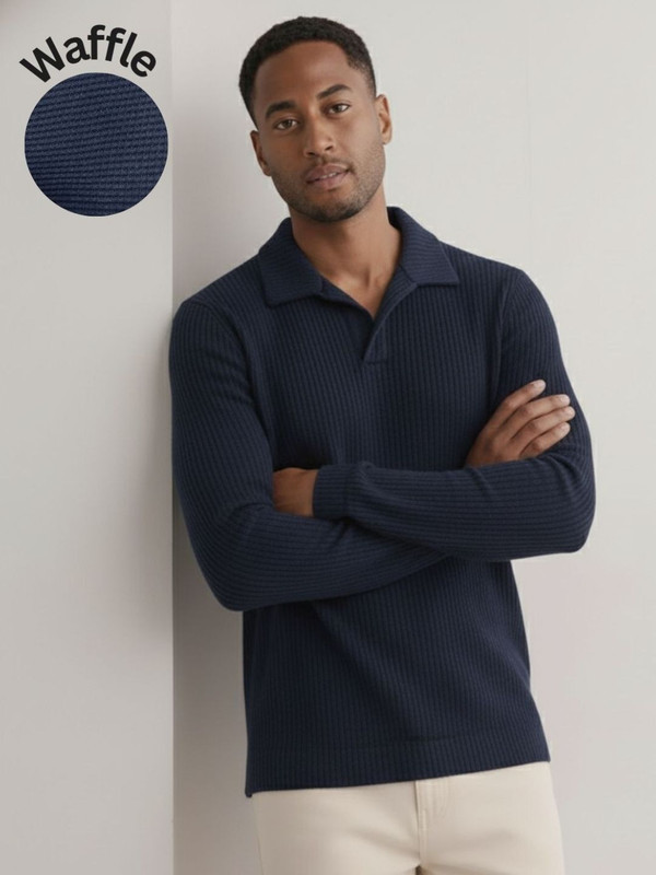 Rigo Self Design Men Polo Neck Navy Blue T-Shirt