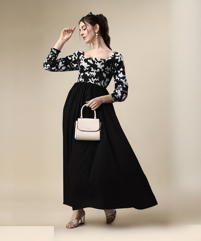 Honky Tonky Women Fit And Flare Black, White Maxi/Full Length Dress