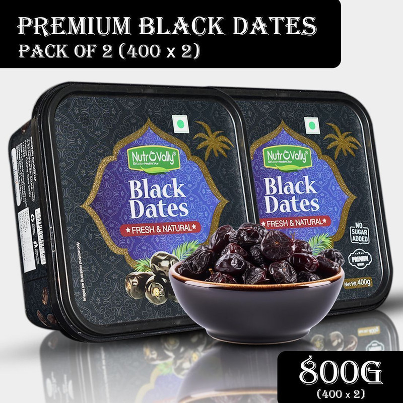 Nutrovally Premium Black Dates For Strong Bones | 100% Fresh & Natural | Anti-Oxidants Rich Dry Dates(2 X 400 G)