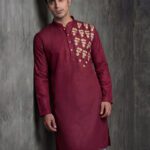 Tibra Collection Men Embroidered Straight Kurta(Maroon)