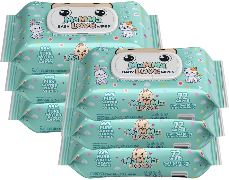 Mamma Love 99% Pure Water Baby Wet Wipes With Lid | Pack Of 6 | 72 Pcs/Pack |(432 Wipes)