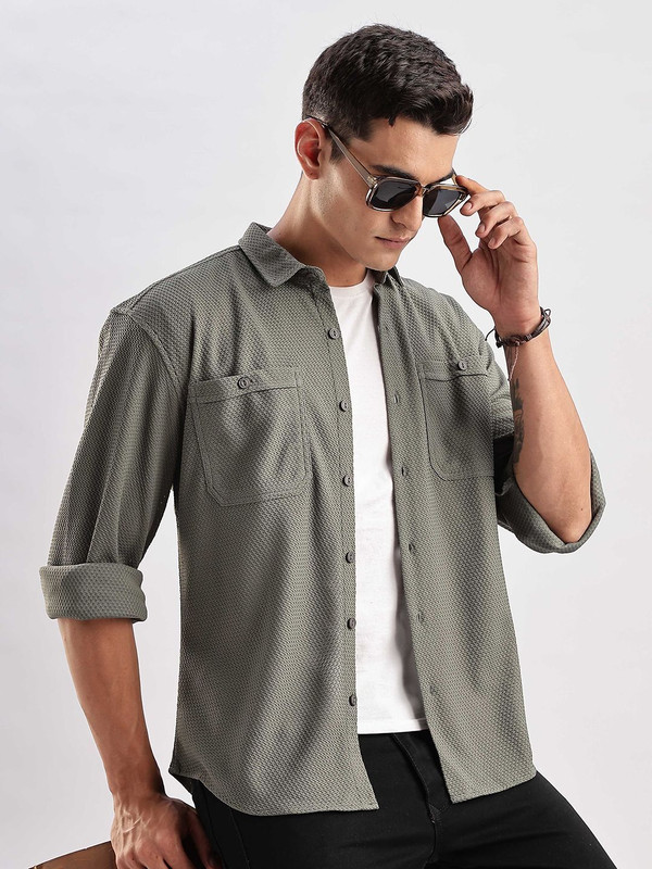 Here&Now Men Striped Casual Grey Shirt