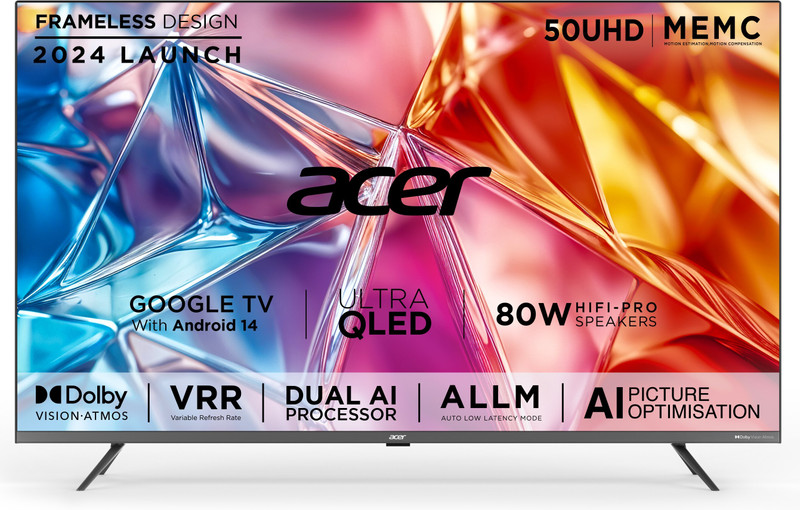Acer Super Series 127 Cm (50 Inch) Qled Ultra Hd (4K) Smart Google Tv With Android 14 (Black) | Memc | Allm | Vrr | Ai Picture Optimisation | 80W Pro Speakers | Giga Bass | Dolby Vision-Atmos(Ar50Qdxgu2875At)