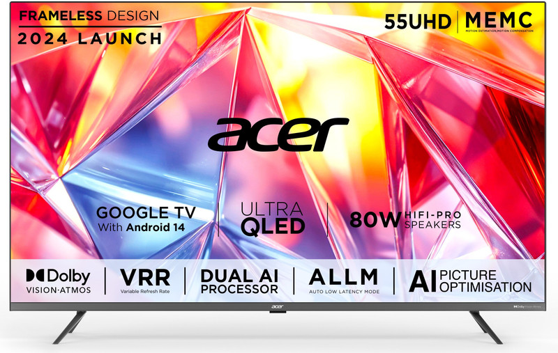 Acer Super Series 138.7 Cm (55 Inch) Qled Ultra Hd (4K) Smart Google Tv With Android 14 (Black) | Memc | Allm | Vrr | Ai Picture Optimisation | 80W Pro Speakers | Giga Bass | Dolby Vision-Atmos(Ar55Qdxgu2875At)