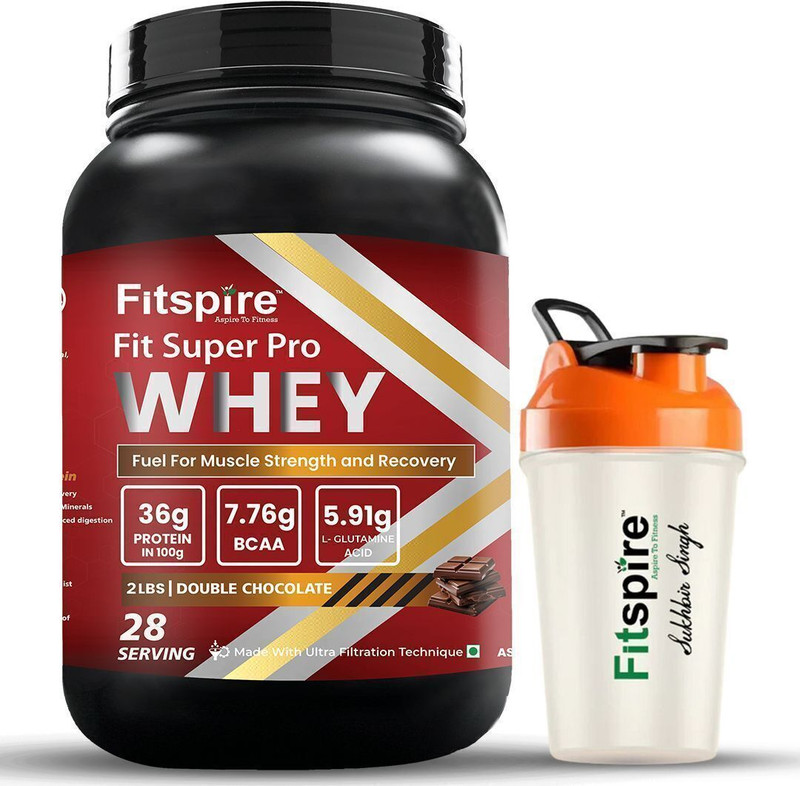 Fitspire Fit Super Pro Whey Protein With Shaker | 36G Protein Per 100G Serving Whey Protein(907 G, Double Chocolate)