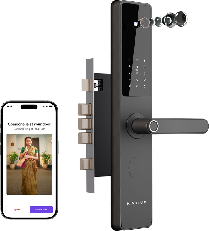 Native By Urban Company Lock Pro With Camera Unlock & Doorbell Connect | 7-Way Unlock |Free Installation Smart Door Lock(Grey)