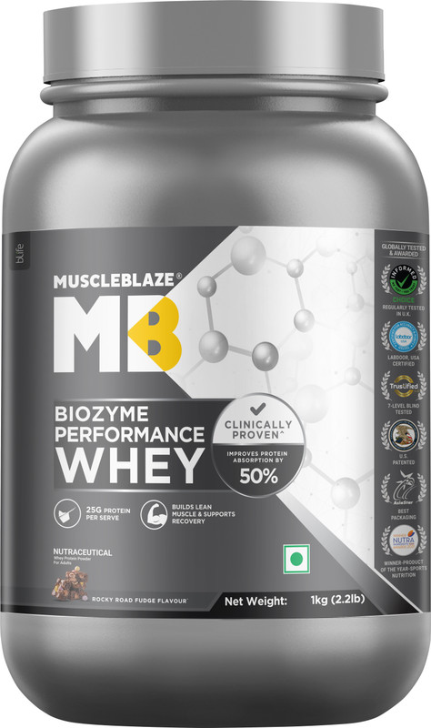 Muscleblaze Biozyme Performance Whey Protein Powder | 25G Protein Per Scoop Whey Protein(1 Kg, Rocky Road Fudge)