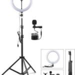 Motofly 10″ Selfie Led Light, Phn Holder, 7Ft Long Stand,360’5M Long Collar Mic- Ring Flash(Black, White)