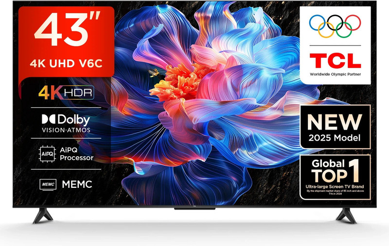 Tcl 108 Cm (43 Inch) Ultra Hd (4K) Led Smart Google Tv 2025 Edition With Memc | Dolby Vision-Atmos | Hva Panel & Metallic Bezel-Less(43V6C)