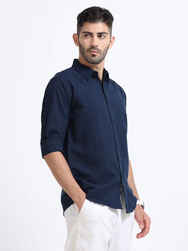 Whisq Men Solid Casual Dark Blue Shirt