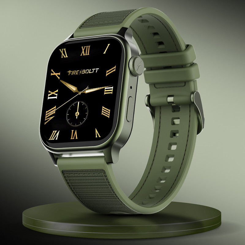 Fire-Boltt Rise Force 1.85 Bt Calling, Nylon Fluoroelastomer Hybrid Strap Rotating Crown Smartwatch(Moss Olive Strap, Free Size)