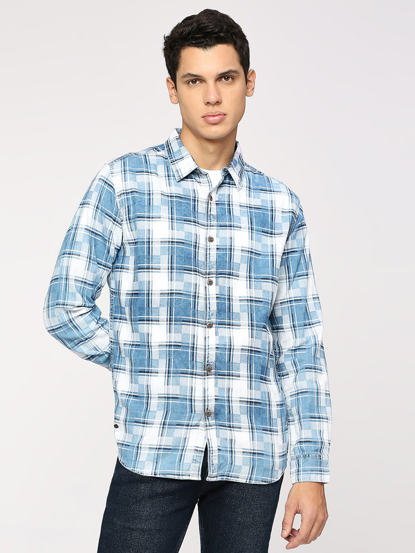 Pepe Jeans Men Checkered Casual Blue Shirt