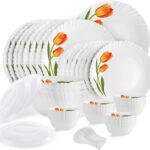 Cello Pack Of 47 Opalware Dazzle Series Spring Tulip Crockery Set |Dishwasher Safe |Light-Weight Dinner Set(White, Microwave Safe)