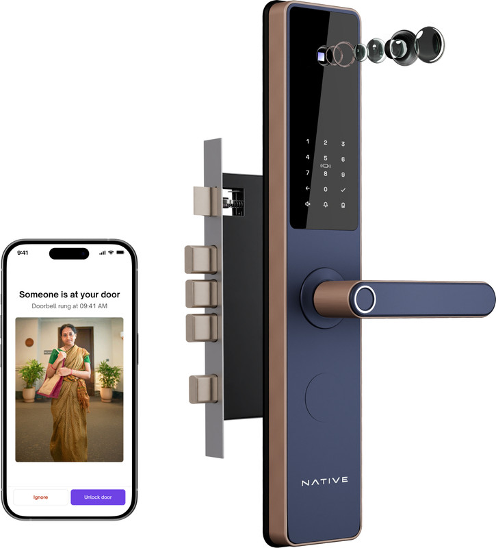 Native By Urban Company Lock Pro With Camera Unlock & Doorbell Connect | 7-Way Unlock |Free Installation Smart Door Lock(Blue)