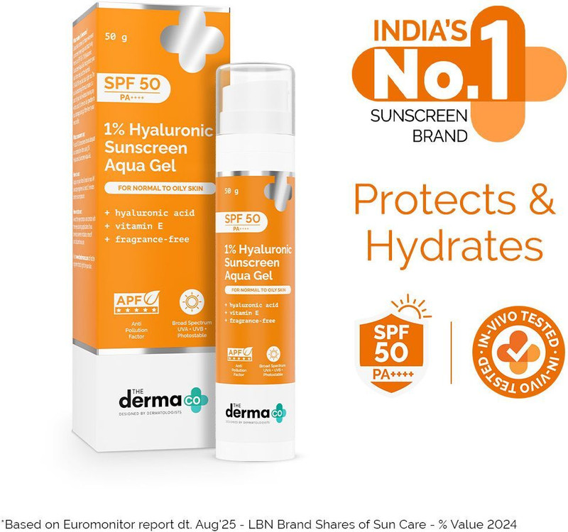 The Derma Co Sunscreen – Spf 50 Pa++++ 1% Hyaluronic Sunscreen Aqua Ultra Light Gel With Spf 50 Pa++++ For Broad Spectrum, Uv A, Uv B & Blue Light Protection(50 G)