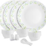 Cello Pack Of 22 Opalware Tropical Lagoon |Crockery Set | Dinner Set(Green, White, Microwave Safe)