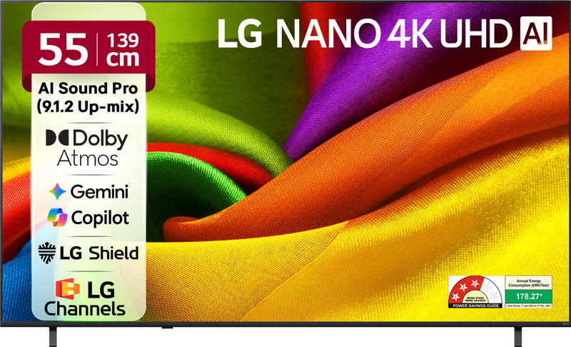 Lg Ai Nano Nu87 139 Cm (55 Inch) Ultra Hd (4K) Led Smart Webos Tv 2026 Edition With Nano Detail Enhancer, Hdr10 Pro, 4K Super Upscaling Alpha7 Ai Processor 4K Gen9, Dolby Atmos, Ai Sound Pro (9.1.2 Ch), Multi Ai (Google Gemini & Ms Copilot), Linear Flow Design, 60Hz Vrr, 5 Years Os Upgrade, Secured