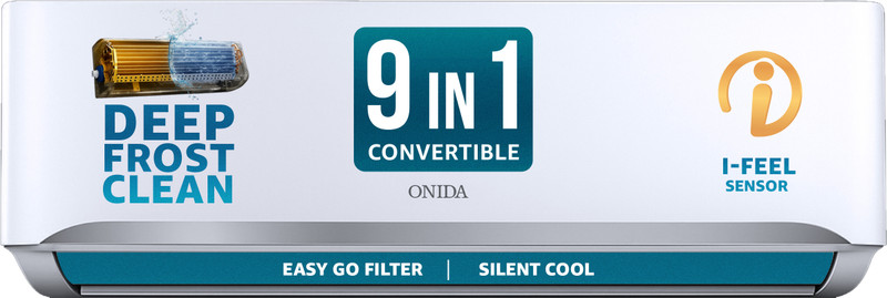 Onida 2026 Model 1.5 Ton 3 Star Split Inverter 9-In-1 Convertible, Stabilizer Free Operation, Deep Frost Clean, Silent Cool, Gold Fin Coating 4 Way Swing Ac Ac(Ir183Flsv, White)
