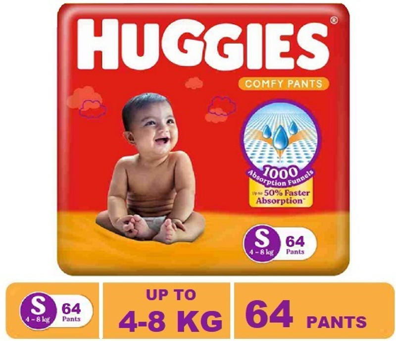 Huggies Comfy Baby Diaper Pants, Upto 50% Faster Absorption – S(64 Pieces)