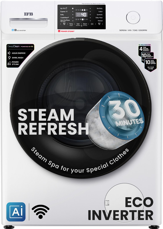Ifb 7 Kg 5 Star With Steam Refresh Program, 9 Swirl Wash, Eco Inverter, Powered By Ai With Wi Fi Fully Automatic Front Load Washing Machine With In-Built Heater White(Serena Vxn 7012 Cms)