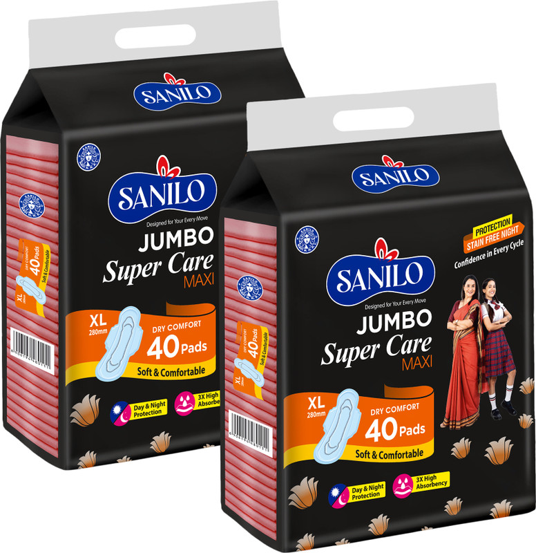 Sanilo Jumbo Super Care Maxi Trifold 100% Leak Free, Anti-Rash 280Mm Xl Size Sanitary Pad(Pack Of 80)