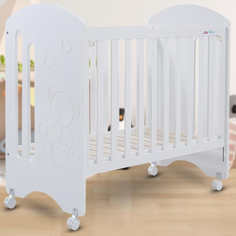 Little Olive Cuddle Wood Infant Cot For New Born – White Cot(Off White)