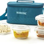 Borosil Teal Universal Bag, 4 Pc (320Ml X 2 Square + 240Ml X 2 Round) Office Tiifin 4 Containers Glass Office Lunch Box(1120 Ml)