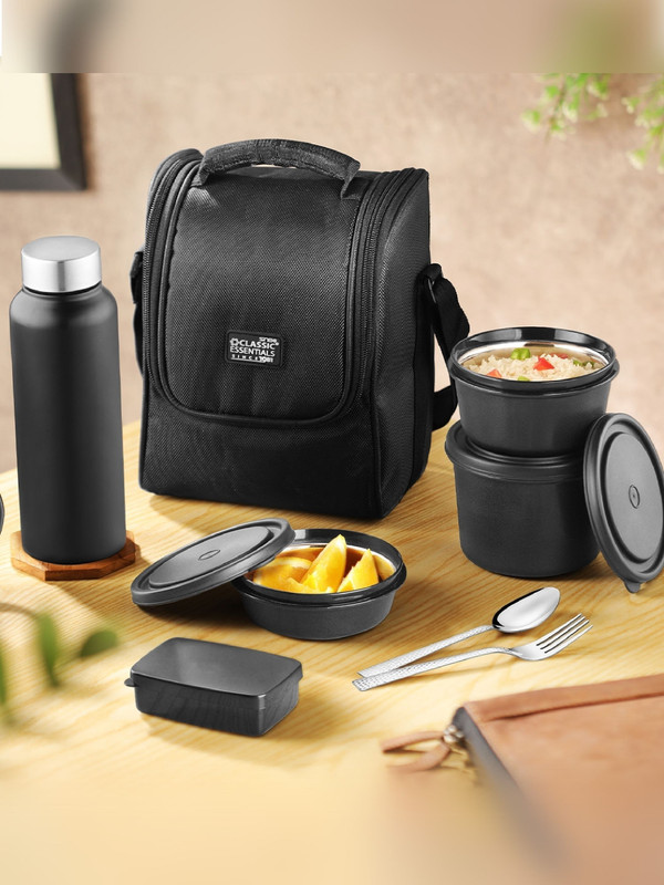 Classic Essentials Supreme Microwave Safe Set Of 5 With Bottle|Bag & Cutlery 5 Containers Stainless Steel Office Lunch Box(1250 Ml)