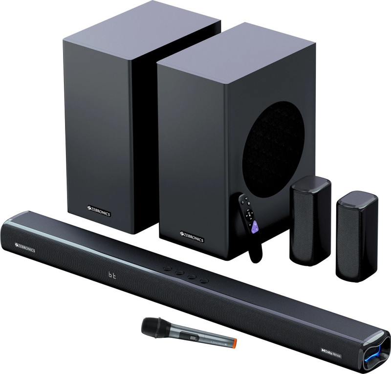 Zebronics Juke Bar 9850 Dolby Atmos Dual Wireless (Subwoofer + Satellites)Uhf Microphone 725 W Bluetooth Soundbar(Black, 5.2.4 Channel)