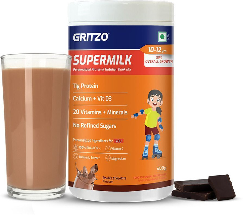 Gritzo Supermilk Overall Growth (10-12Y Girls), 11G Protein Powder, Double Chocolate(400 G)